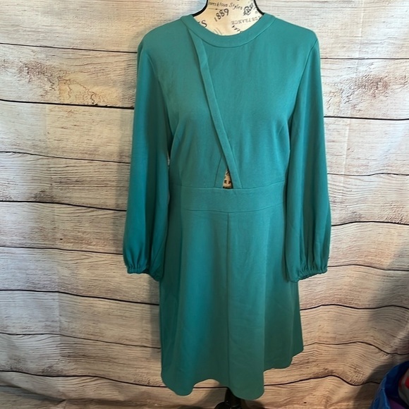 Tibi Savanna Cutout Dress NWT Long Sleeves Keyhole Waist Teal Lined Size 10 - Picture 2 of 14
